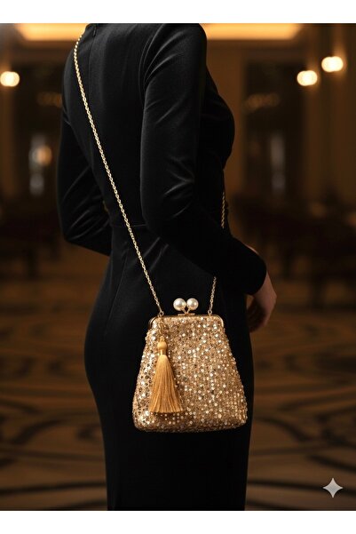 Home 18X18 Size Sequin Evening Bag – Chain Strap, Pearl Buckle, Gold Color 100% Handmade