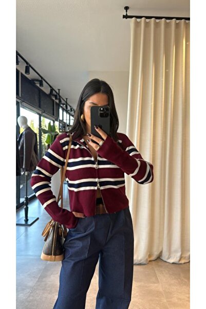 MODAMERSİ Women's Burgundy Striped Zipper Detailed Knitwear Cardigan
