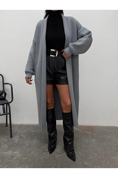 MODAMERSİ Women's Gray Low Sleeve Long Knitwear Cardigan