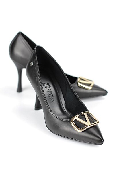 Gökhan Talay Hana Flexible Soft Non-Slip Sole (8 cm) Black Leather V Buckle Women's Heeled Shoes