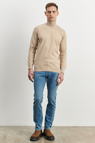 ALTINYILDIZ CLASSICS Beige Standard Fit Regular Cut Full Turtleneck Wool Knit Sweater