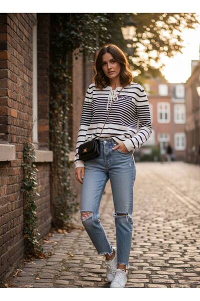 YusGos Women's Tie Neck Striped Steel Knit High Quality Knitwear Sweater