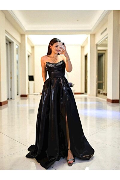 OLA فستان سهرة أسود من الساتان اللامع مع جيوب وتطريز حجري على الصدر