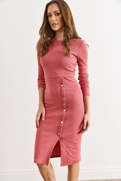 Olalook Γυναικείο φόρεμα Dusty Rose με λεπτομέρεια με κουμπιά άνοιγμα Midi Stretch φόρεμα ELB-19002256