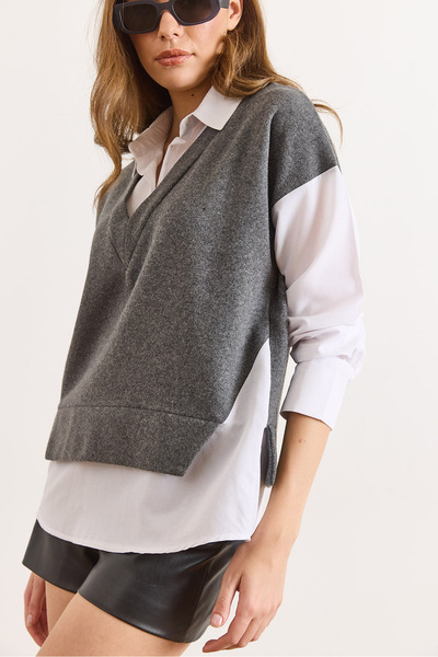 Olalook Women's Smoked White Thessaloniki Shirt Detailed Comfortable Fit Blouse Blz-19003111