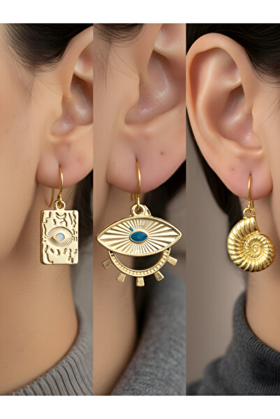 TURBİJ طقم أقراط نسائية من ثلاث قطع بتصميم حلزوني ورمز العين التركوازية