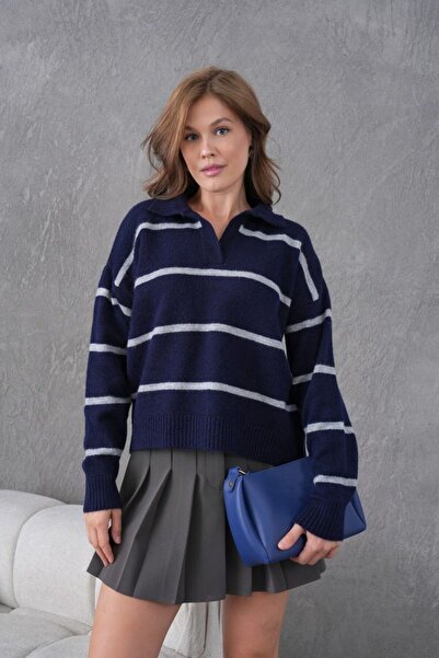 Ambessa Style Navy Blue Premium Thread Striped Polo Neck Sweater
