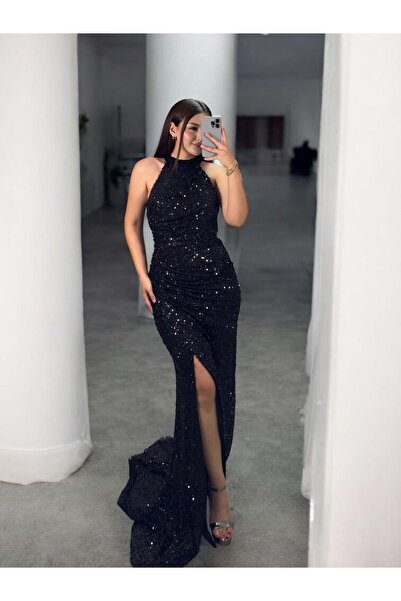 OLA Tessa Halter Yaka Full Payetli Siyah Abiye Elbise