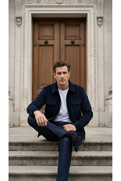 alenmeza Men's Navy Blue Zippered Double Pocket Comfortable Fit Velvet Shirt