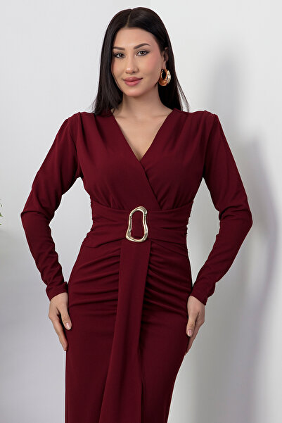 PULLIMM Double Breasted Collar Long Sleeve Waist Buckle Dress Grs3829