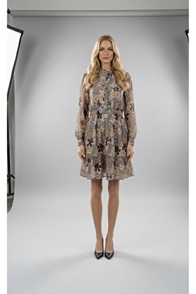 BRGCLOTHING Long Sleeve Floral Print Chiffon Dress
