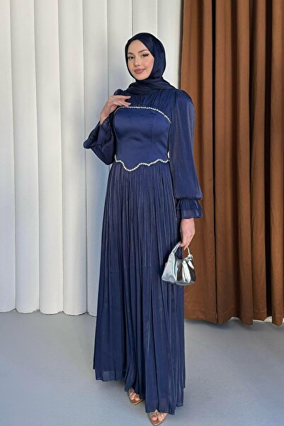 Modaensarbutik Korseli İnci Taş Detaylı Safir Tesettür Abiye-LACİVERT