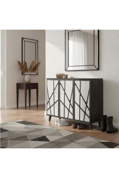 BAITY 3-Door Shoe Cabinet, Malaysian Wood, 4 Levels - Brown & Gray