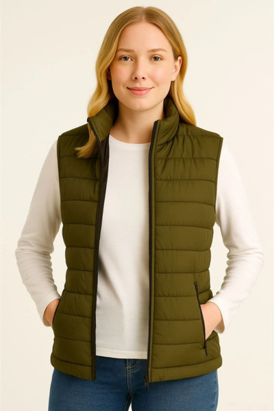 Kanonik Education Inflatable Zippered Vest Water Repellent Quilted Lined Fabric Lightweight with Pockets Winter Sports Comfortable Fit - Khaki