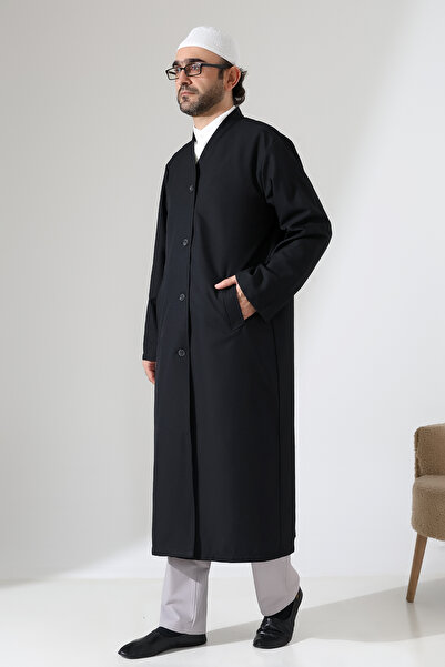 ihvan online Yarım Astarlı Düğmeli Cepli Buhara Yaka Erkek Cübbe - Siyah
