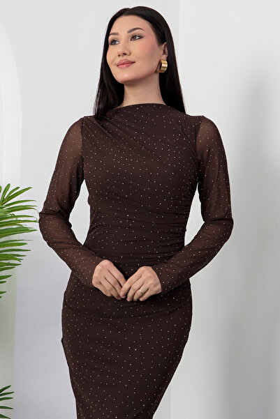 PULLIMM Φόρεμα με λαιμόκοψη ντραπέ από τούλι με πέτρες DKS1330