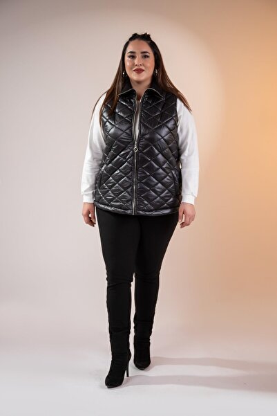 Roxxlen Μεγάλο μέγεθος καπιτονέ γιλέκο με φερμουάρ μαύρο
