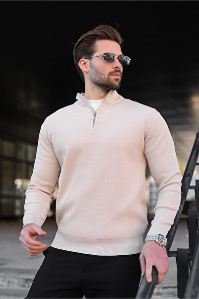 Madmext Stone Color Half Zipper Mock Neck Men's Knitwear Sweater 7442