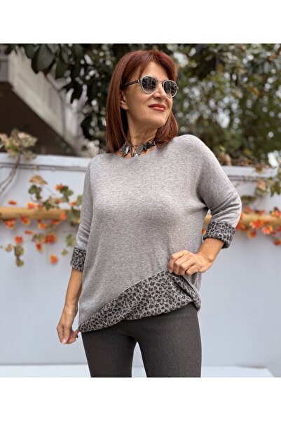 DenizEge Italian Leopard Print Round Neck Knitwear Gray