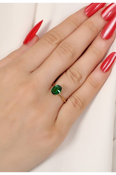 LİNOVE JEWELLERY 925 Ayar Gümüş Yeşil Taşlı Tektaş, Oval Gümüş Yüzük, Emerald...