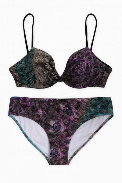 RAPAPA Γυναικείο σετ μπικίνι με σχέδιο φιδιού – Μωβ πράσινη ψηφιακή εκτύπωση, ρυθμιζόμενο λουράκι, υψηλής ποιότητας M