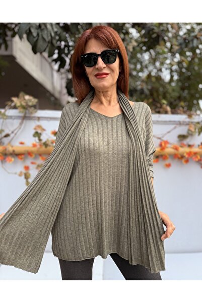 DenizEge material reiat Tricotaj kaki cu eșarfă