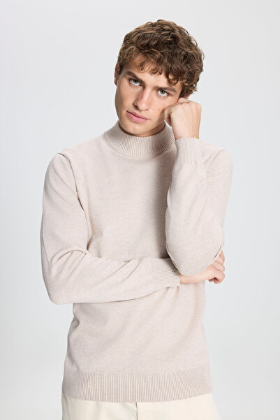 ALTINYILDIZ CLASSICS Μπεζ μελανζέ πουλόβερ με κανονική εφαρμογή και μισό ζιβάγκο