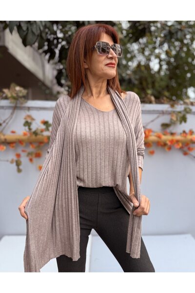 DenizEge material reiat Tricotaj cu eșarfă Milky Brown