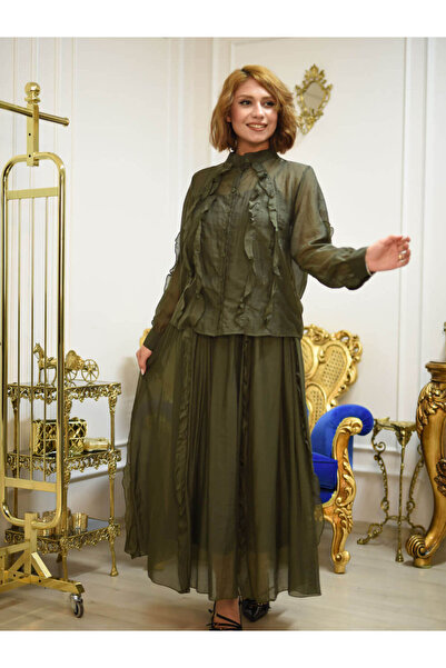 butikbanum Haki Renk Fırfır Detaylı İpek Takım