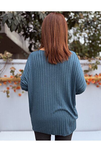 DenizEge material reiat Tricotaj cu eșarfă Albastru petrol