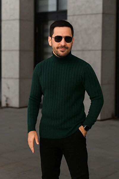 GökTR Men's Corded Fabric Knitwear Sweater 3-Piece Set Gray Khaki Black Regular Turtleneck Full-Throated Knitwear Set m