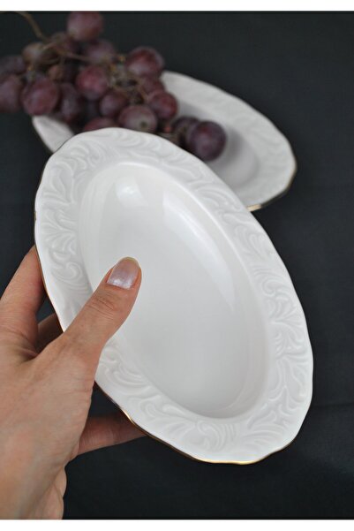 Qualitev 2-Piece Gold Gilded Porcelain Boat Plate 12X19 cm Presentation Plate Medium Size