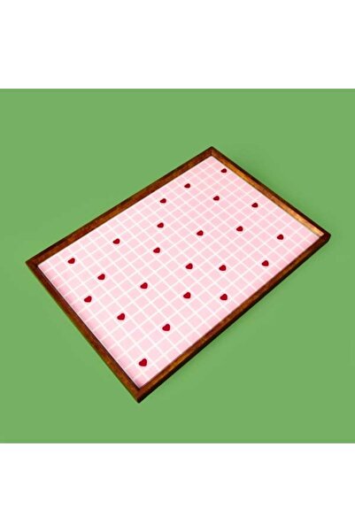 Evidea Deco Kırmızı Kalp Dekoratif Desenli Tepsi - Kırmızı / Pembe - 28,5x41 cm