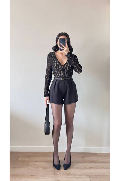 eBaa fashıon DANTEL V YAKA KEMERLİ ŞORTLU TULUM