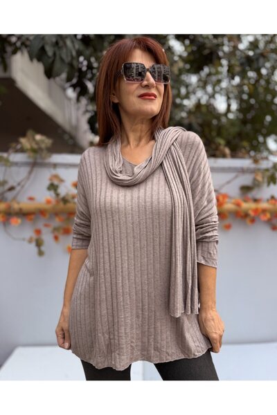 DenizEge material reiat Tricotaj cu eșarfă Milky Brown