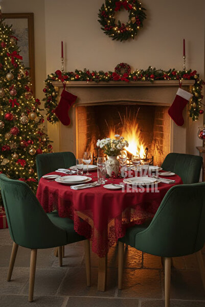 Çt Çeyizci Tekstil Patterned, Wrinkle-Free, Stain-Resistant Lace Tablecloth, 160X220Cm - Red New Year Concept