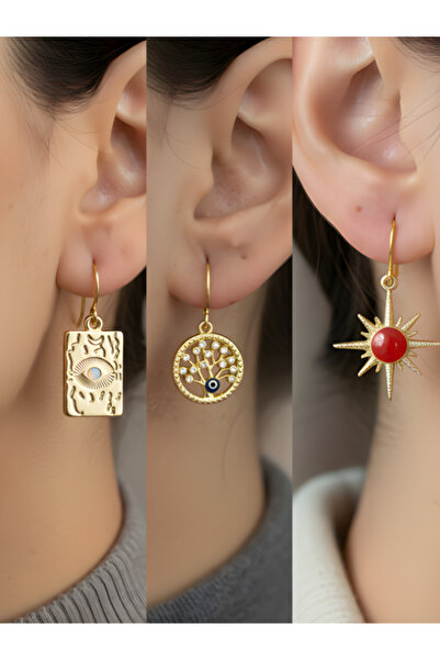 TURBİJ مجموعة أقراط نسائية من ثلاث قطع على شكل شجرة الحياة والشمس الحمراء