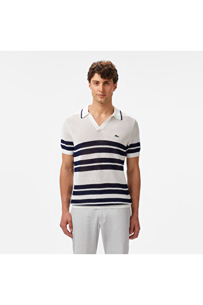 Lacoste Erkek Classic Fit Kısa Kollu Polo Yaka Çizgili Beyaz Triko