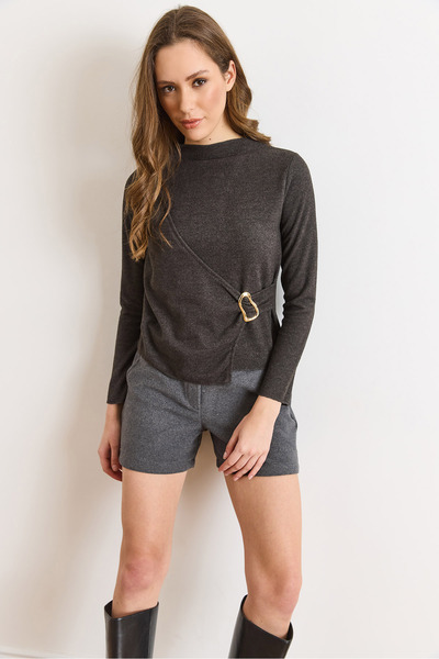 Olalook Women's Anthracite Mock Neck Accessory Detailed Flowy Thessaloniki Blouse Blz-19003163