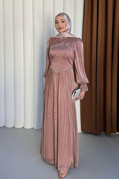 Modaensarbutik Korseli İnci Taş Detaylı Safir Tesettür Abiye-GÜL KURUSU