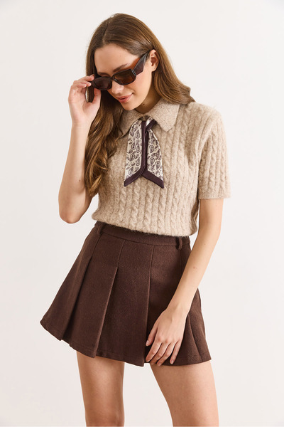 Olalook Γυναικεία καφέ φούστα με πλισέ μίνι κασετίνα με σορτς ETK-19000374