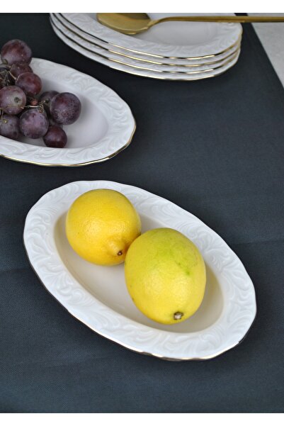 Qualitev 2-Piece Gold Gilded Porcelain Boat Plate 12X19 cm Presentation Plate Medium Size