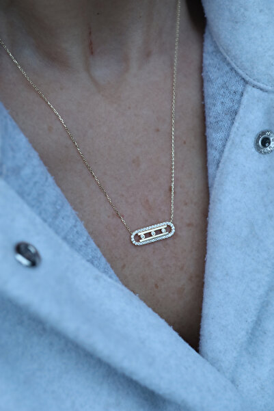 Yenigün Kuyumculuk 14 Ayar Altın Taşlı Çerçeveli Üç Taşlı Kolye