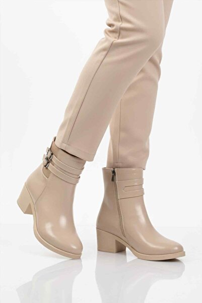 AYAKMOD Cizme de damă cu toc din shearling bej 1006 Z