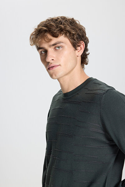 ALTINYILDIZ CLASSICS Πράσινο-ανθρακί μάλλινο πουλόβερ με κανονική εφαρμογή και κορδόνι με λαιμόκοψη