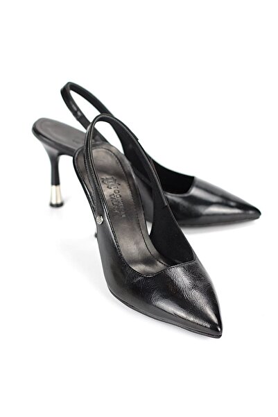 Gökhan Talay Biana Flexible Soft Non-Slip Sole (8 cm) Black Patent Leather Patent Leather Open Elastic Women's Heels