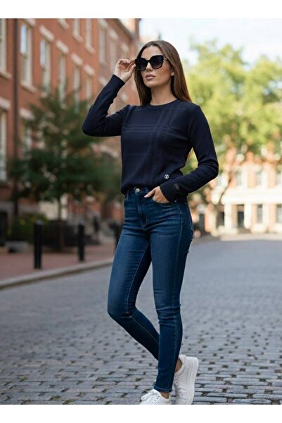 YusGos Women's Crew Neck Steel Knit Plaid Pattern High Quality Knitwear Sweater