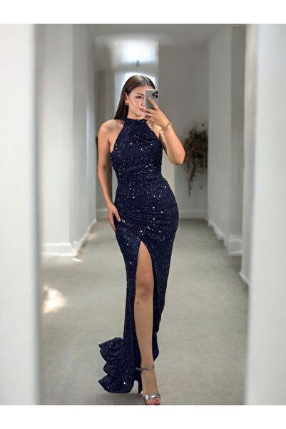 OLA Tessa Halter Yaka Full Payetli Lacivert Abiye Elbise