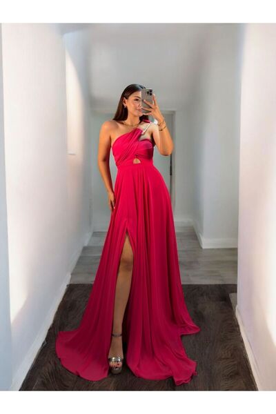 OLA Alya Gold Tokalı Şifon Yırtmaçlı Pembe Abiye Elbise