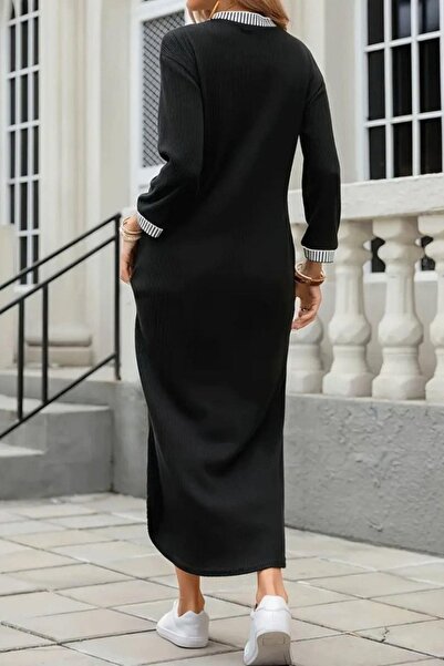 Mossta V-Neck Slit Viscose Two Thread Dress - Black